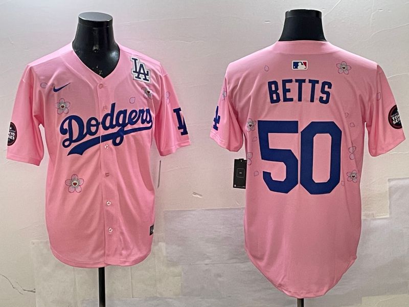 Men Los Angeles Dodgers #50 Betts Pink Sakura Edition 2025 Nike MLB Jersey style 4